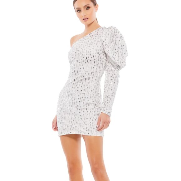 MAC DUGGAL 10738 ONE SHOULDER LONG PUFF SLEEVE BEJEWELED WHITE MINI DRESS sz 4 - Picture 1 of 4